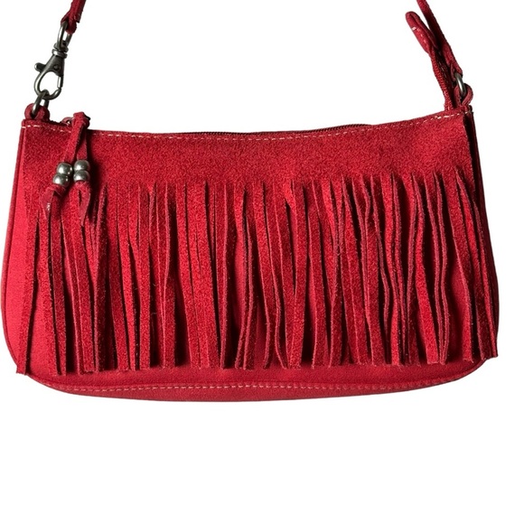 NINE WEST Red Fringed Leather Suede Small Size Handbag Measurements Below NEW - Picture 11 of 14